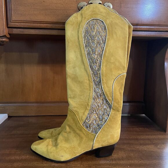 Vintage Andrea Borgini Suede Cowgirl Boots Gold Sheer 80s 90s Italy Sz 6 Western - Picture 3 of 16